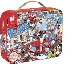 Janod Puzzle Feuerwehr - Runde Suchpuzzle 208 Teile - Beobachtungsspiel