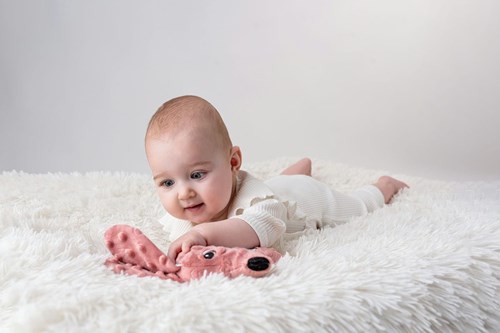 Mom's Care baby bijtspeeltje Jami hond roze met rammelaar en labels-3