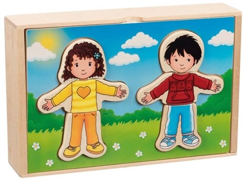 Goki Holzpuzzle Anziehset Junge und Mädchen im Holzkasten 36 Teile