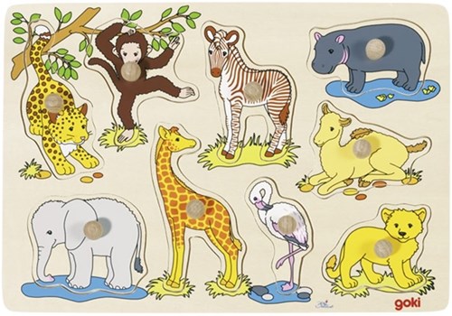 Goki houten puzzel wilde dieren - noppenpuzzel 9 stukjes