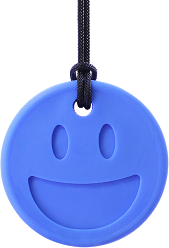 ARK Therapeutic bijtsieraad kauwspeelgoed Smiley Face Chewmoji blauw Dubbelzijdige smiley-kauwketting met twee expressies, voor voortandkauwers, kinderen en volwassenen.