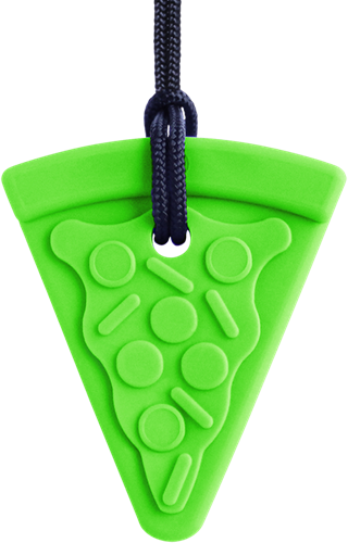 ARK Therapeutic kauwketting pizza sensorisch speelgoed lime groen XT Getextureerd pizzapunt-kauwsieraad met extra sensorische 'toppings' voor sensorische zoekers.