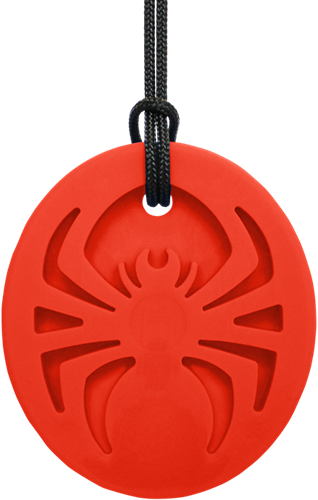 ARK Therapeutic kauwketting Spider Bite rood voor kinderen sensorisch Groot, spinvormig kauwsieraad met uitsparingen, ideaal voor stevige voortandenkauwers.