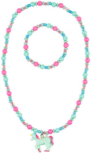 Souza Ketting + armband Aike, eenhoorn roze-mint groen  (1 set)