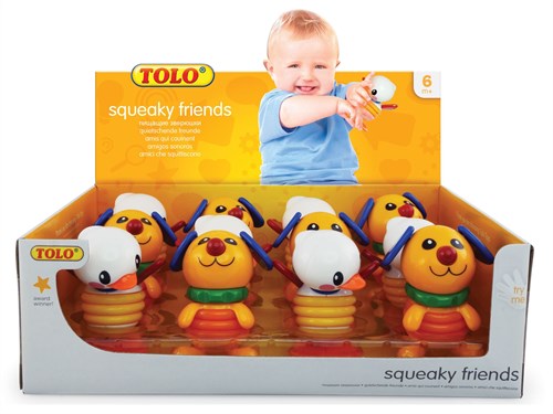 Tolo Classic piepspeelgoed displaydoos eend en hond - 12 stuks